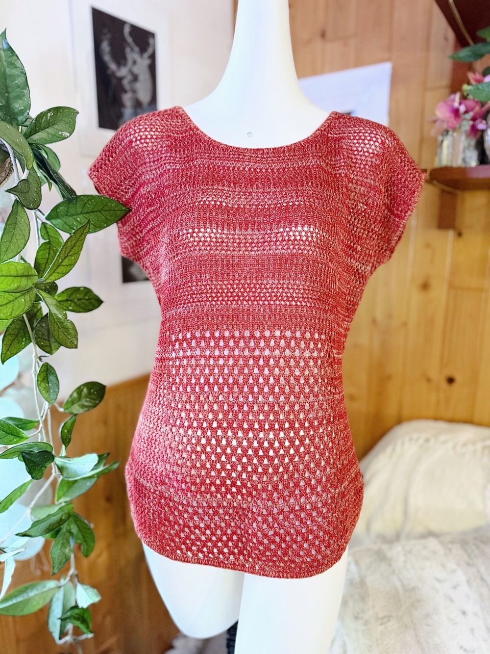 A.N.A. Open Knit Crochet Short Sleeve Sweater Top Red Space Dye Size Small
